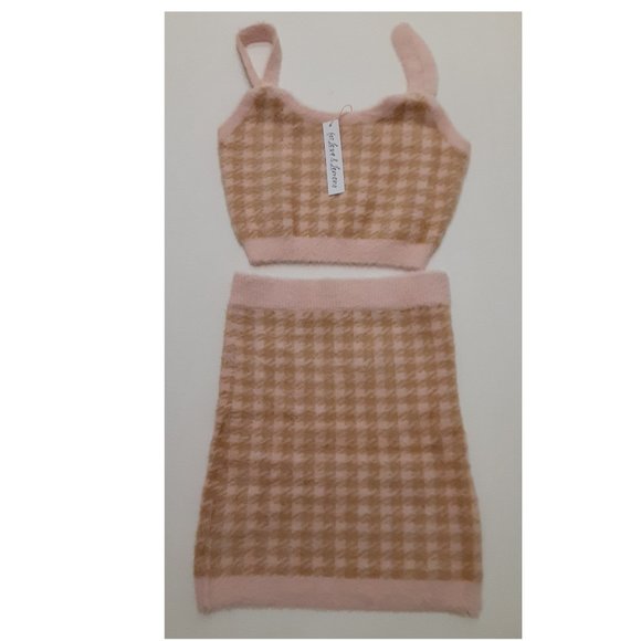 NWT FOR LOVE & LEMONS 2PC TOP & SKIRT SET IN LT. PINK HOUNDS TOOTH 1X - Picture 5 of 7